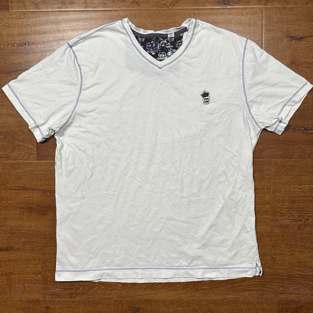 Robert Graham Damien T Shirt Mens L White V Neck Skull King Crown Halloween